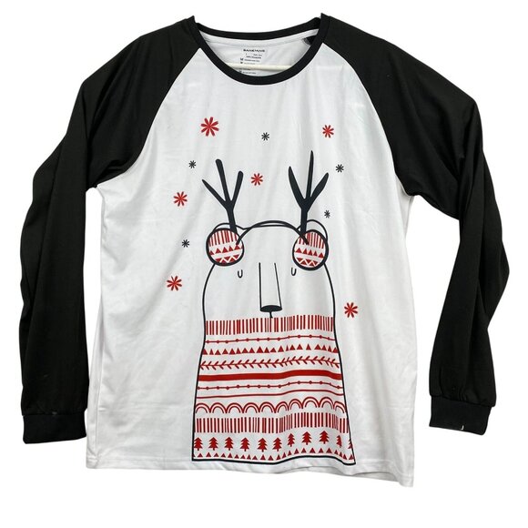 Christmas Reindeer Graphic Long Sleeve Raglan Shirt L SANQIANG 100% Polyester Un - Picture 1 of 4